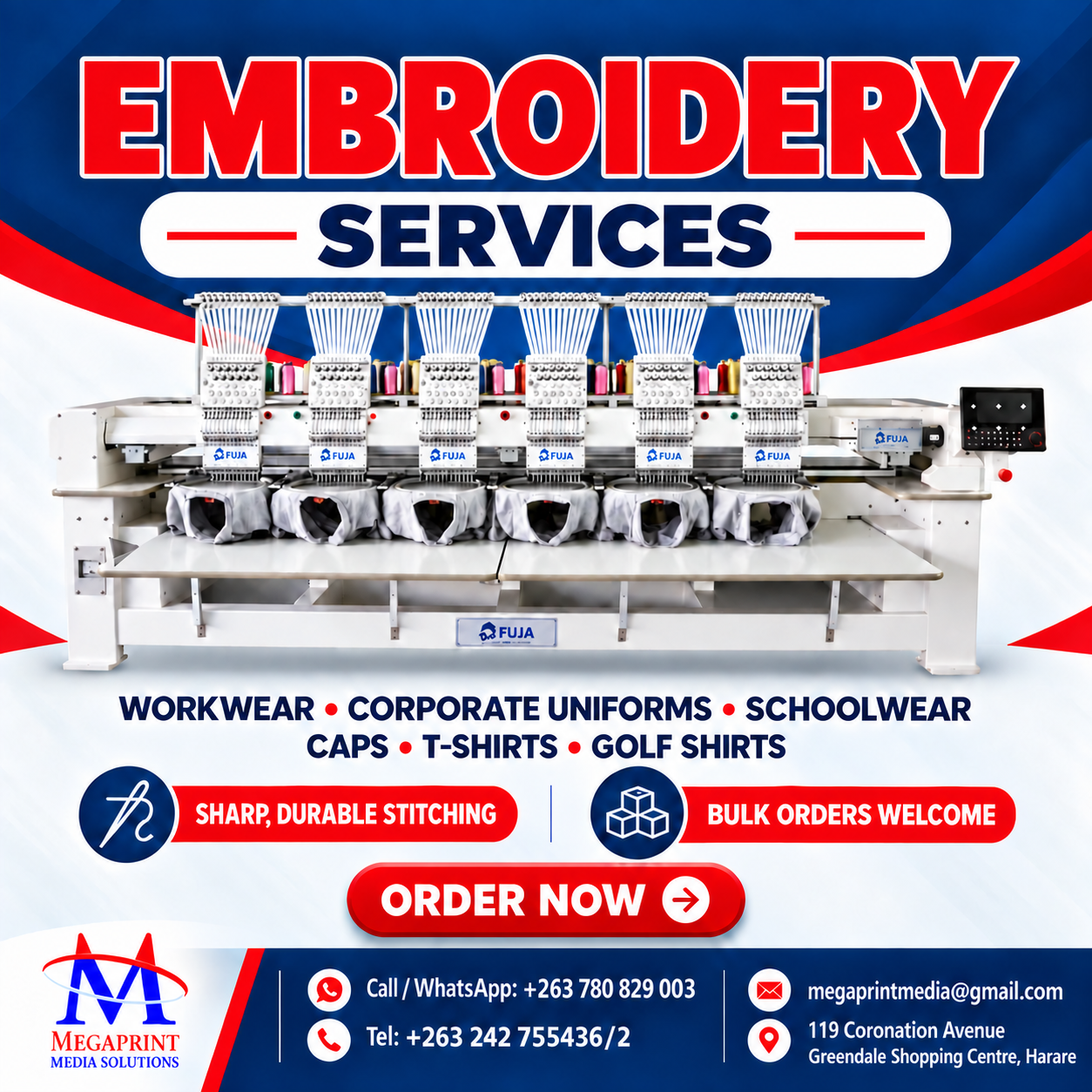 Megaprint embroidery services in Harare. WhatsApp +263 780 829 003.