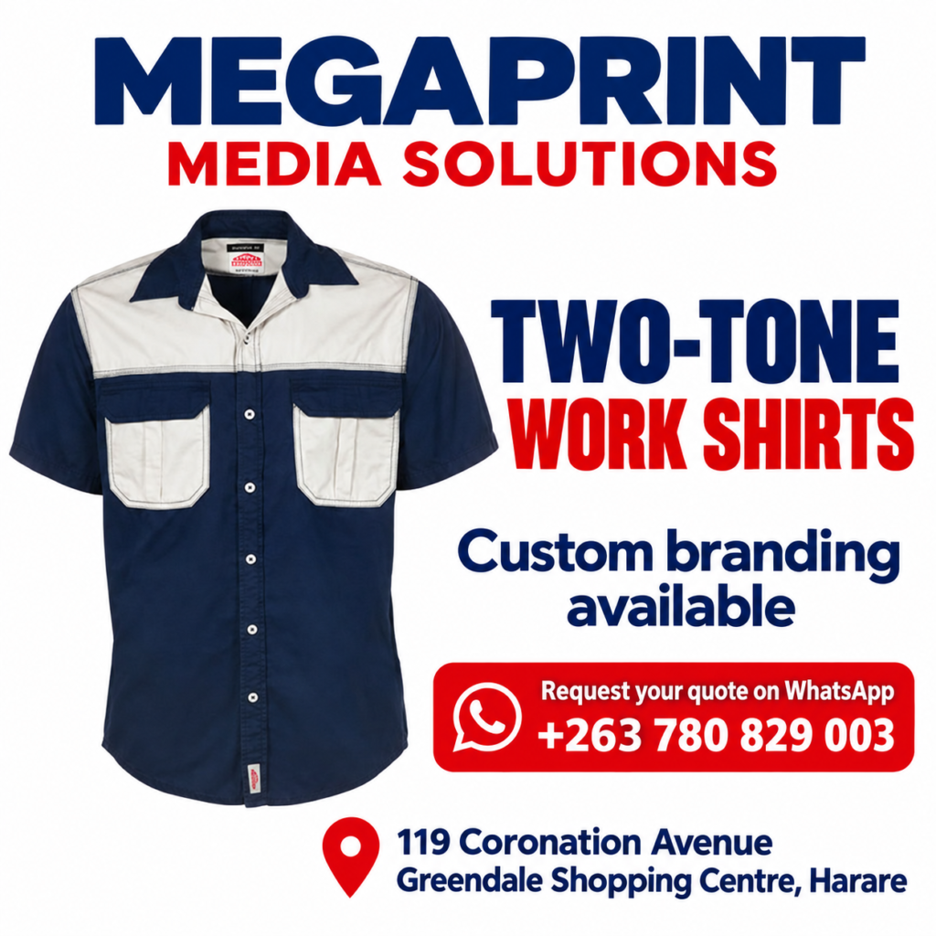 Navy and cream two-tone work shirt from Megaprint Media Solutions, with custom branding available