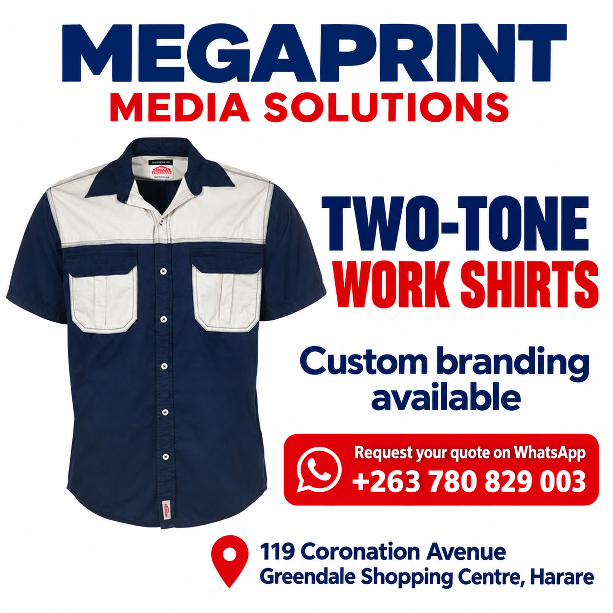 Navy and cream two-tone work shirt with custom branding available from Megaprint